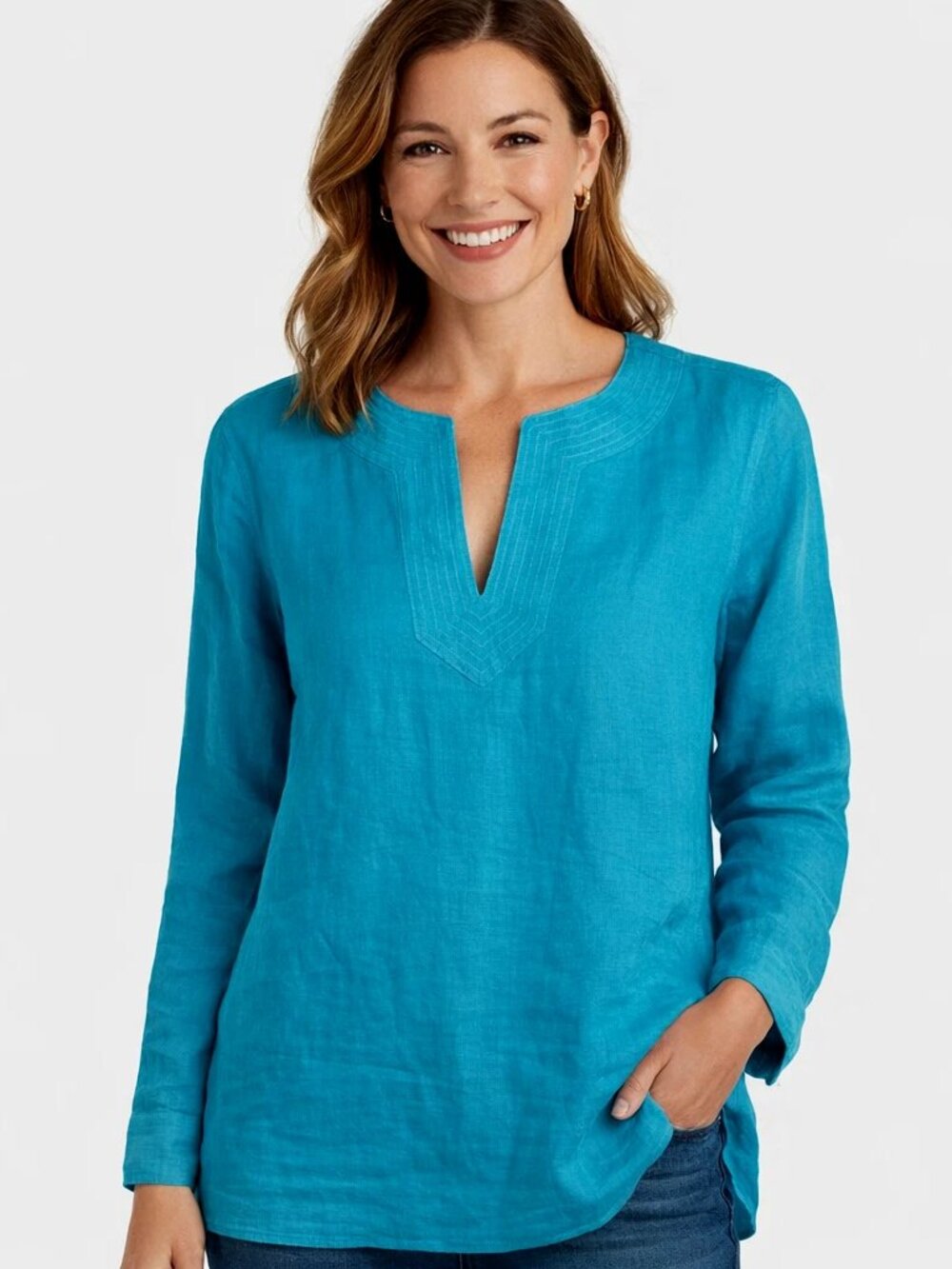 Lauren Ralph Lauren Linen Tunic Top M Turquoise Coastal Resort Boho Chic